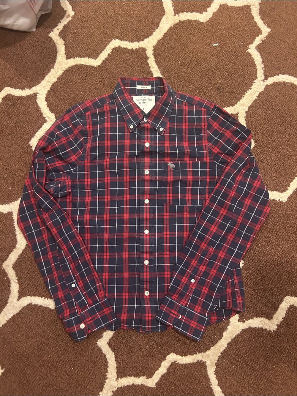 Abercrombie & Fitch Red and Navy Plaid Button-Down Shirt